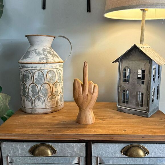 Carved Wooden Flipping The Bird Hand Gesture Statue Natural Finish Home Decor - Picture 7 of 10